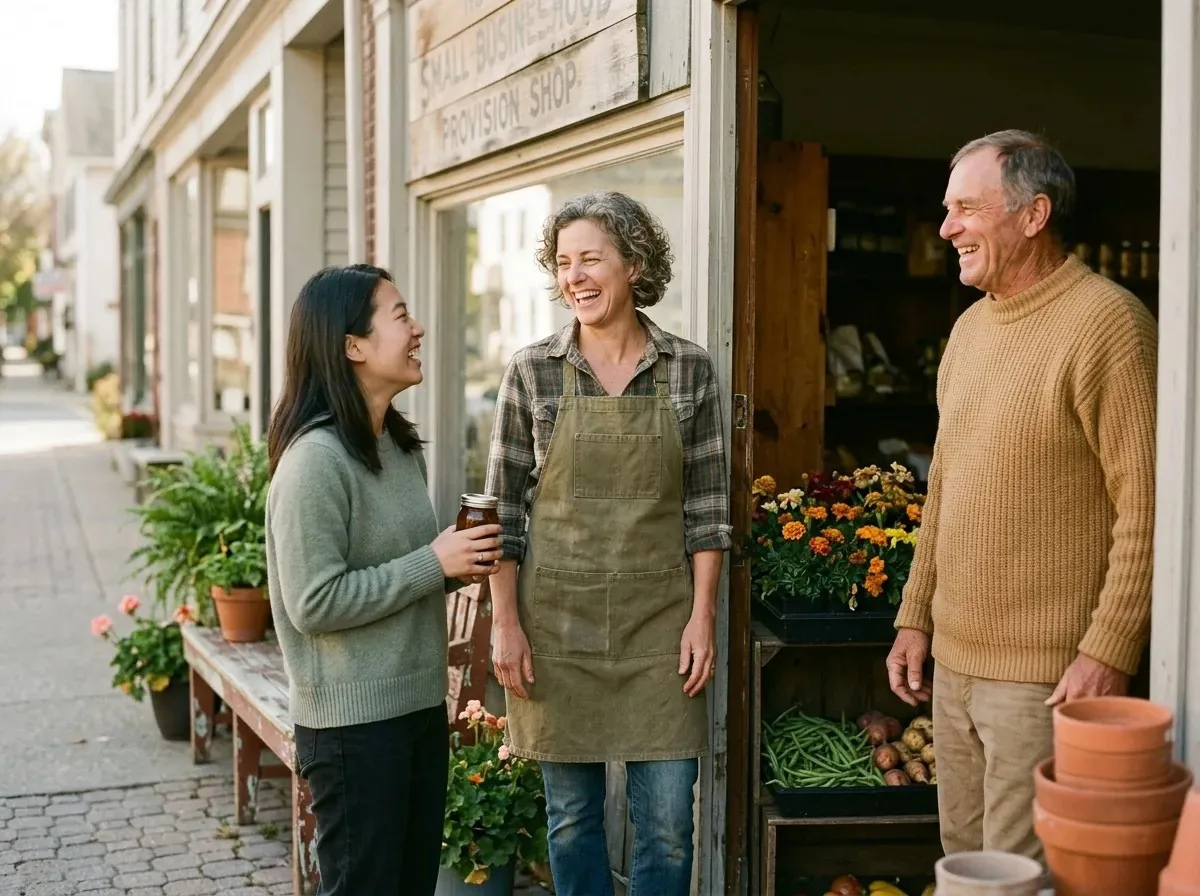 A small-shop owner in an apron laughing with two neighbors in her storefront doorway, flowers and fresh produce on display.