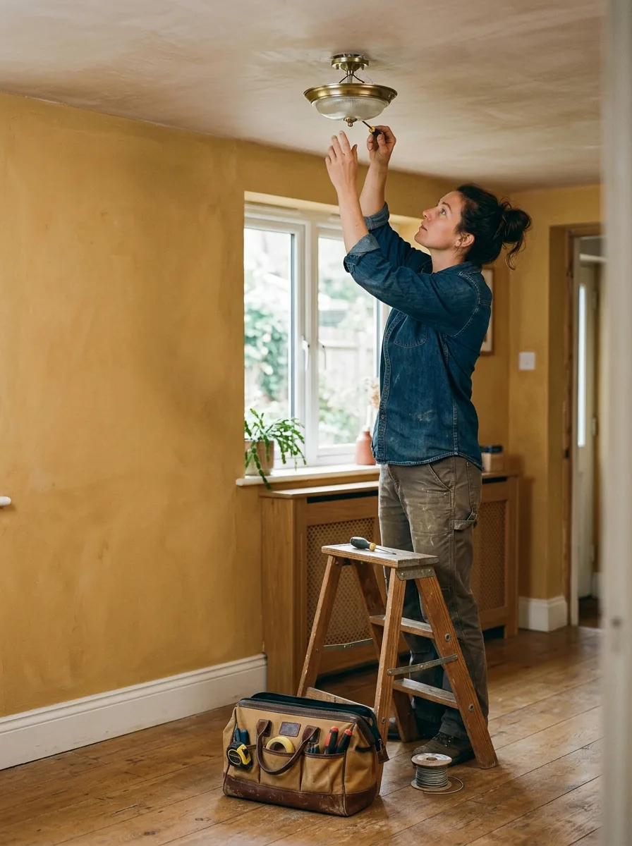 An electrician on a step ladder fitting a ceiling light in a warm domestic room.