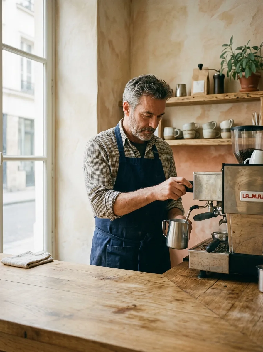 A café owner steaming milk at an espresso machine behind a worn wooden counter.