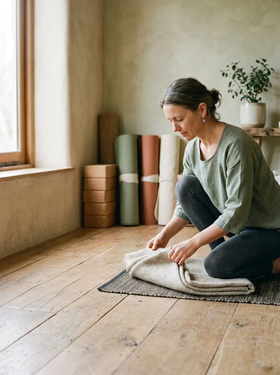 A yoga instructor kneeling on a mat, folding a wool blanket in a sunlit studio.